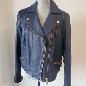 MICHAEL KORS Navy Lamb Leather jacket with gold zippers
